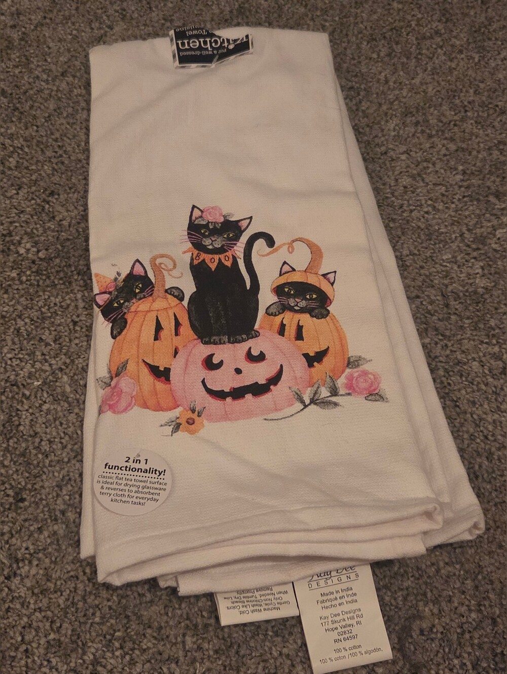 Halloween Black Cat & Pink Pumpkin Kitchen Towel Set Of 2